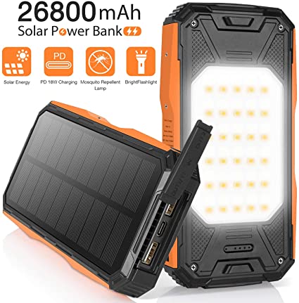 Sendowtek Solar Charger 26800mAh Portable 18W PD Fast Charger With Type-C In/Output&18W USB Output, LED Flashlight&Lamp Rainproof