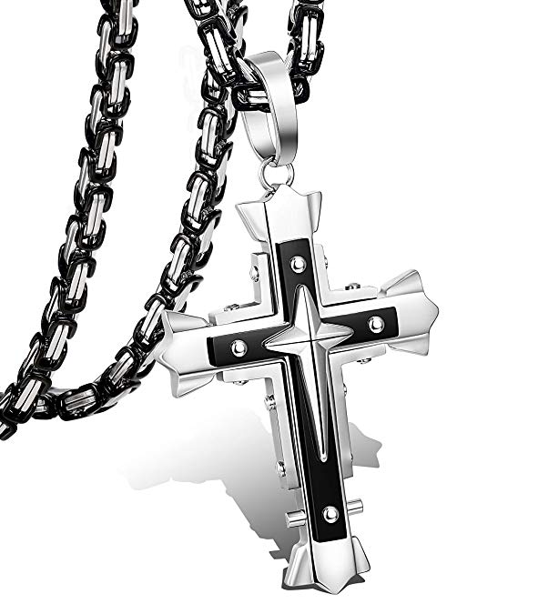 LOLIAS 5MM Stainless Steel Cross Pendant Necklace Men Byzantine Chain Necklace 22-30 Inches