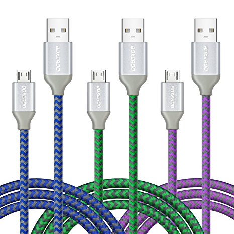 Micro USB Cable 6ft, 3-Pack Boxeroo Prenium Nylon Braided High Speed Data Sync Charger Cord with Aluminum Shell Connector for Android, Samsung, More Smartphones, Tablets