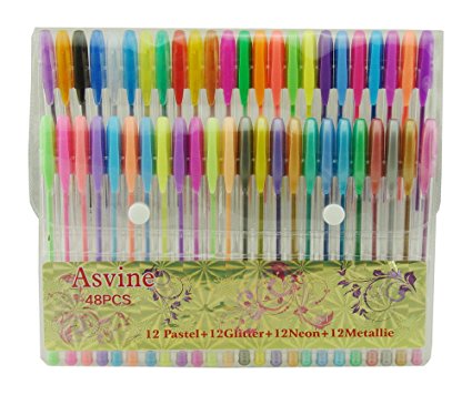 Asvine 48 Color Gel Pen Set Professional Artist Quality Gel Ink Pens 1.0mm Point inlcuding Neon, Pastel, Metallic, Glitter Color