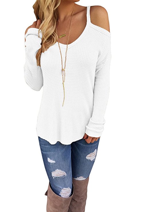 Dokotoo Womens Cold Open Shoulder Loose Knitted Sweater Top Blouse