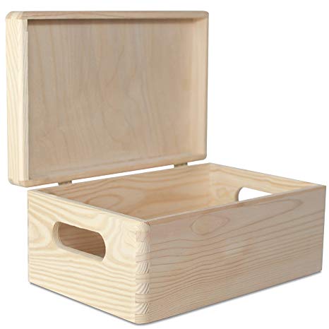 Large Wooden Box Storage Toy Keepsake Wood Plain | 30 x 20 x 13 cm | with Lid | with Handles | Unpainted Chest Perfect for Documents, Valuables, Toys & Tools