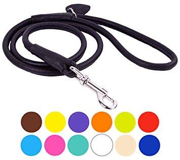 4 or 6 foot Rolled Round SOFT Leather Dog Leash Soft Padded Lead Miniature to Extra Large Breeds