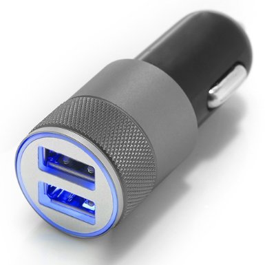 CAR CHARGER TOP QUALITY BRUSHED Aluminum Incl Bright Blue LED Light 2 x USB Port 21A  10A High Speed IQ Technology for all IPHONE Models Samsung Sony HTC NOKIA LG IPAD MP3 with 5V output