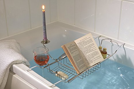 Bathroom Bath Tub Caddy with Wine, Candle & Book Holder
