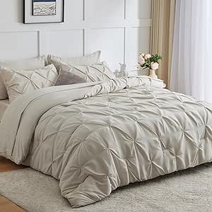 CozyLux Queen Comforter Set - 7 Pieces Comforters Queen Size Beige, Pintuck Bed in A Bag Pinch Pleat Bedding Sets with All Season Comforter, Flat Sheet, Fitted Sheet and Pillowcases & Sham