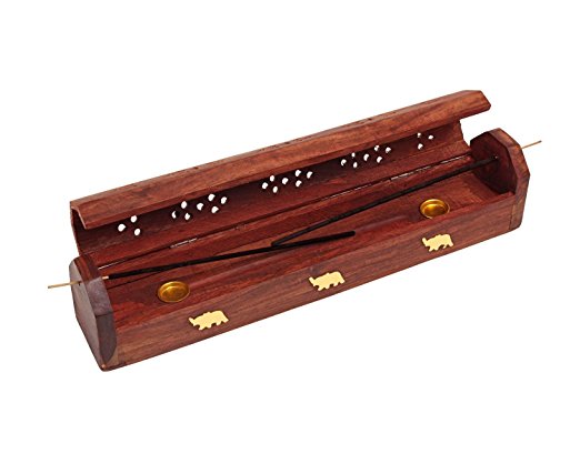 Beautiful Handmade Wooden Brown Incense Stick Holder Burner Storage Coffin Box Ash Catcher With Elephant Motif Brass Inlay Home Utilities & Accessories