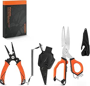 KastKing Paradox Fishing Tools Set, Stainless Steel 9" Bait Shears, 7.5" Angled Nose Pliers & 9" Fillet Knife with Non-Slip Grips and Protective Sheaths