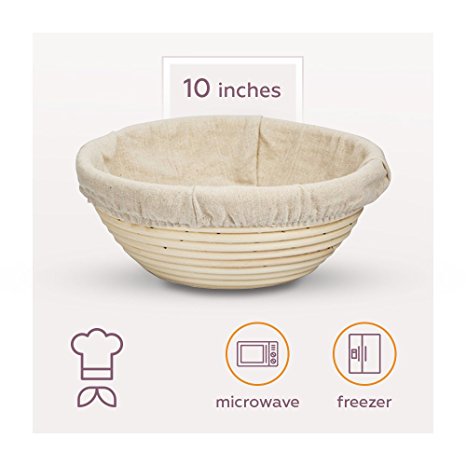 Avalon Kitchen Premium Sourdough Bread Banneton Proofing Basket | 10 Inch Round Brotform | Artisan Bread Maker | Removable Cloth Linen Liner Natural Cane Rattan Dough