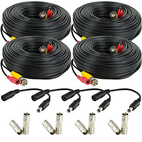 Amcrest 4-Pack 100 Feet Pre-Made All-in-One Siamese BNC Video and Power CCTV Security Camera Cable with Two Female Connectors for 960H & HD-CVI Camera and DVR (SCABLEHD100B-4pack)