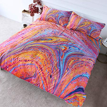 BlessLiving Red Blue Marble Bedding 3 Pieces Flow Fluid Abstract Art Duvet Cover Traditional Orange Marbling Pattern Bed Covers (Queen)