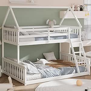 Giantex Bunk Beds Twin Over Full Size, Solid Wood House Bed Frame w/Integrated Ladder & Safety Guardrails, Convertible to 2 Beds, Triple Bunk Bed for Kids Teens Juniors, No Box Spring Needed, White