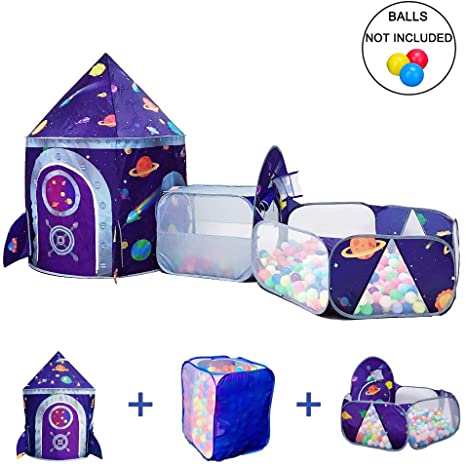 LOJETON 3pc Space Ship Kids Play Tent, Storage Tunnel & Ball Pit with Basketball Hoop for Boys, Girls and Toddlers - Indoor/Outdoor Use Pop Up Rocket Tent