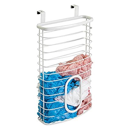 mDesign Over the Cabinet Kitchen Storage Holder for Plastic and Garbage Bags - White