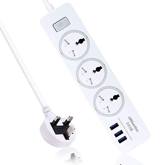 URbantin 3 Way Extension Lead, Power Strips with 3 Ports USB Socket, 1.8 Meter Surge Protector Extension Cord (White)