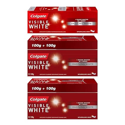 Colgate Visible White, Teeth Whitening Toothpaste, 500g, 200gm x 2   100gm (Sparkling Mint)