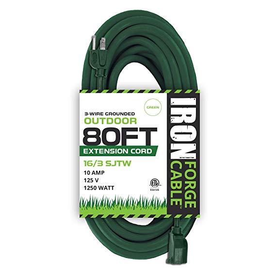 80 Foot Outdoor Extension Cord - 16/3 SJTW Durable Green Extension Cable with 3 Prong Grounded Plug for Safety - Great for Garden and Major Appliances