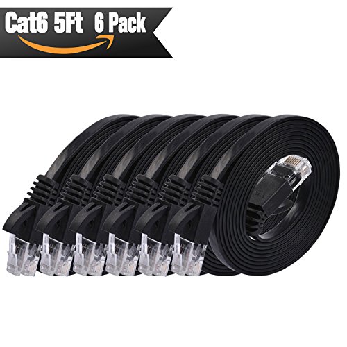 Cat 6 Ethernet Cable 5ft - 6 Pack Black (At a Cat5e Price but Higher Bandwidth) Cat6 Internet Network Cables Flat - Short Ethernet Patch Cable - Computer cord with Snagless RJ45 Connectors