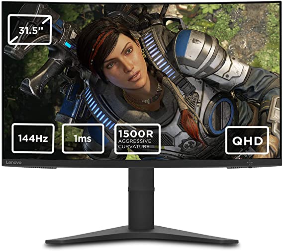 Lenovo G32qc-10 31.5 Inch QHD Curved Monitor (VA Panel, 144 Hz, 4 ms, HMDI, DP) – Tilt & Height Adjusting Screen, Black