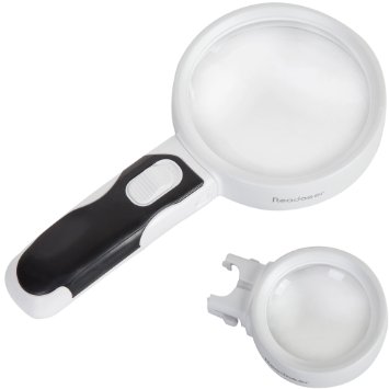 Readaeer® Illuminated LED Light Handheld Magnifier Reading Magnifying Glass Set Jewelry Loupe (2 Lens (5X/10X))