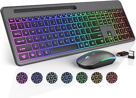 Wireless Keyboard and Mouse, 15 Backlit Effects, Slim Rechargeable Keyboard & Mouse Combo with Phone Holder, Light Up Keys, Lag-Free USB-A & C Cordless Set for PC, Laptop, Windows- by SABLUTE, Gray