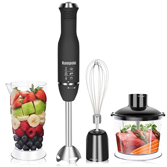Kampeki Hand Blender 4 in 1 with high quality Stainless Steel Shaft and Blades, Powerful Speed Control, One Hand Use Mixer for Purees Smoothie, Sauces, Soups and More