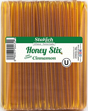 Stakich Honey Stix | 100% Pure, Unfiltered U.S. Grade A Honey (Natural Cinnamon), 100 Sticks – Kosher Certified | Perfect for Gifts, Tea, Kids Snacks, Travels and Outdoors