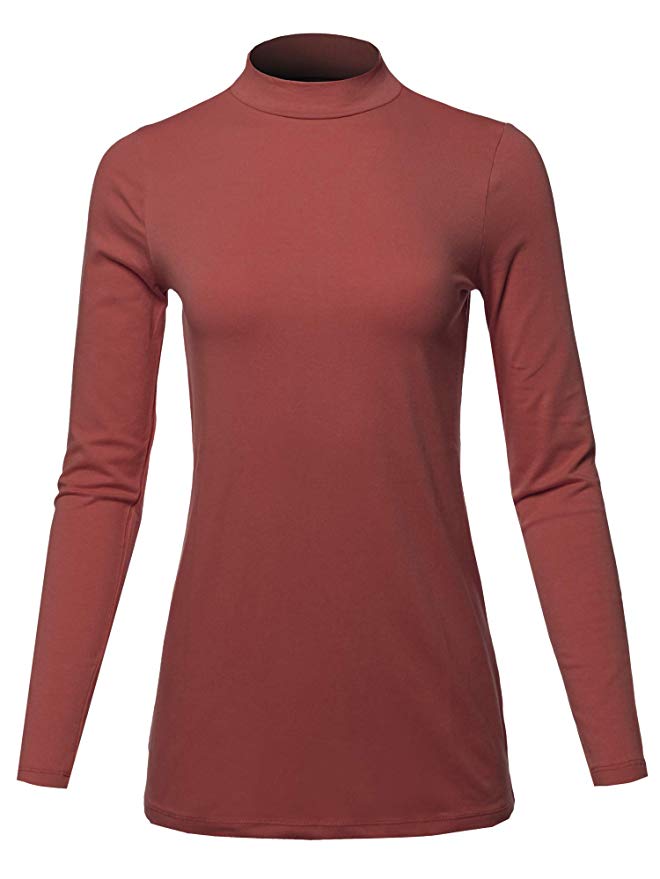 Women's Basic Solid Soft Cotton Long Sleeve Mock Neck Top Shirts (S - 3XL)