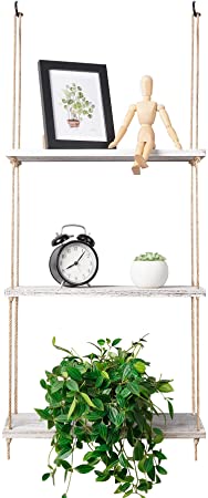 POTEY Wall Hanging Plant Shelf 3 Tier Wood White Floating Shelves Indoor with Rope Rustic Storage Rack Succulents Home Decor for Window/Kitchen/Bathroom/Bedroom