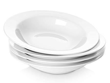 Y YHY 9.5-inch/20oz Porcelain Pasta/Soup Bowls, Rim Salad Bowl Set, White, Set of 4