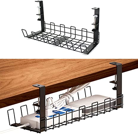 QMET Cable Management Under Desk No Drill, Desk Cable Tidy Tray, Metal Wire Storage Basket, Holds Up to 5 KG(Black)