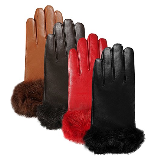 Luxury Lane Women's Rabbit Fur Cuff Cashmere Lined Lambskin Leather Gloves