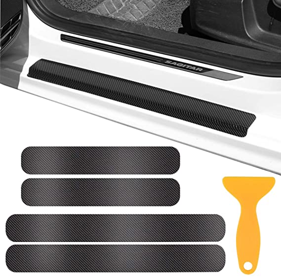 Kissral Car Door Sill Protector with Scraper, 4 Pcs 5D Carbon Fiber Car Door Bumper Protection Strips, Anti Scratch Door Sill Scuff Plate Stickers with Strong Adhesive for Universal Car Truck, Black