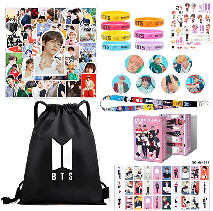 BTS Bangtan Boys Gift Set for Army, Including Drawstring Bag Backpack,50Pcs BTS Photocard,50Pcs Stickers,Button Pin,Bracelets, Lanyard,BTS Tattoo stickers.Best Gift For BTS Fans.Easter Gift