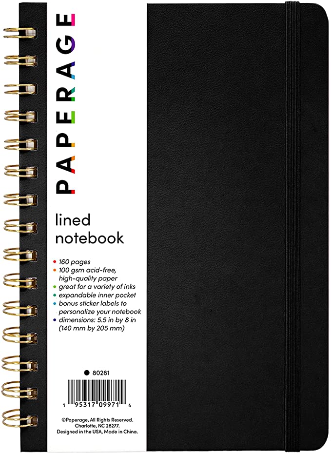 PAPERAGE Lined Journal Notebook, (Black), 160 Pages, Medium 5.7 inches x 8 inches - 100 GSM Thick Paper, Hardcover, Wire Bound Spiral Notebook