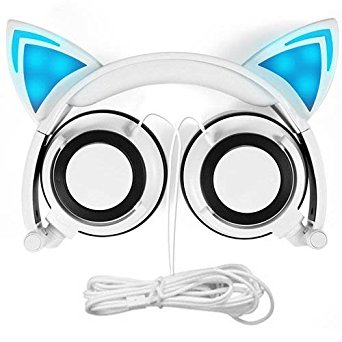 Cat Ear Headphones,SNOW WI Flashing Glowing Cosplay Fancy Cat Headphones Foldable Over-Ear Gaming Headsets Earphone with LED Flash light for iPhone 7/6S/iPad,Android Mobile Phone,Macbook (white)