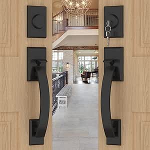 goldenwarm Double Front Door Lock Set, Black Double Door Handle with Dummy, Double Front Door Hardware Set with Reversible Handle Lever, Matte Black Double Entry Door Lock Set