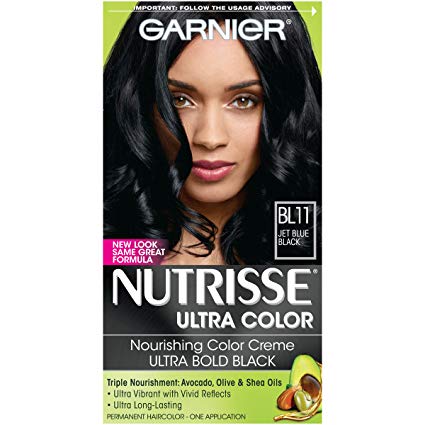 Garnier Nutrisse Ultra Color Nourishing Permanent Hair Color Cream, B11 Jet Blue Black (1 Kit) Black Hair Dye (Packaging May Vary)