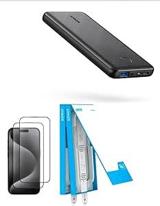 Anker Screen Protector for iPhone 15 Pro, Bubble-and-Dust-Free iPhone HD Tempered Glass, Durable and Drop-Proof Portable Charger, Power Bank, 10,000 mAh Battery Pack with PowerIQ Charging Tech