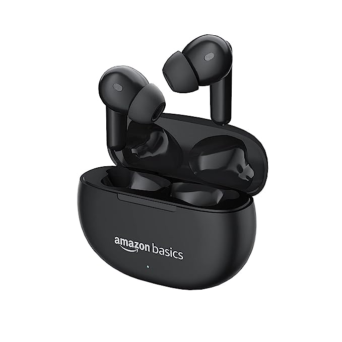 AmazonBasics True Wireless in-Ear Earbuds with Mic, Touch Control, IPX5 Water-Resistance, Bluetooth 5.3, Up to 40 Hours Play Time, Voice Assistance and Fast Charging (Black)