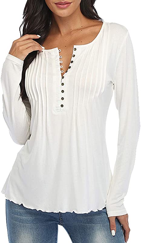 Dilgul Women Peasant Tops Henley Shirt Long Sleeve Casual Pleated Front Tops Button Down Tunic Flowy Blouses