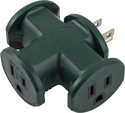 PHILIPS 3 Outlet T-Shaped Adapter, Power Outlet Extender, Outdoor Grounded Wall Tap, Heavy Duty, Ul Listed, Green, SPS1630G/37