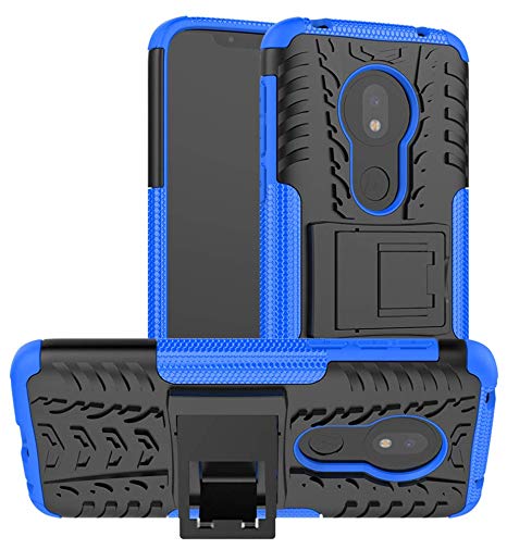 Moto G7 Play Case, Yiakeng Dual Layer Shockproof Wallet Slim Protective with Kickstand Hard Phone Cases Cover for Motorola Moto G7 Play (Blue)