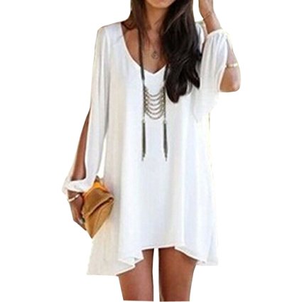 Women's Long Batwing Sleeve Mini V-Neck Irregular Hem Casual Loose Chiffon Dress