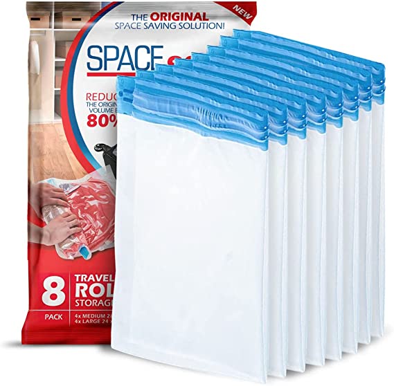 Spacesaver Premium Travel Roll Up Compression Storage Bags for Suitcases -No Pump or Vacuum Needed - Perfect for traveling! (Travel 8 Pack)
