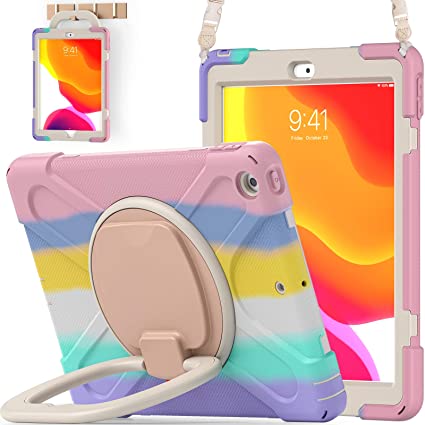 BATYUE iPad 8th/ 7th Generation Case (iPad 10.2 inch Rugged Case 2020/2019) with Screen Protector, Rotating Stand/Hand Strap/Pencil Holder/Pencil Cap Holder/Carrying Strap (Colourful Pink)