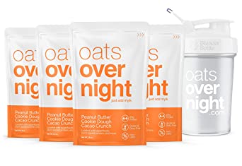 Oats Overnight Oatmeal - 8 Pack x 2.6oz, 20g Protein - Peanut Butter Cookie Dough Cacao Crunch - 100% Whole Grain, Rolled Oats, Vegan, Dairy-Free, Pea Protein, High Fiber, Low Sugar, Gluten-Free, Non-GMO, BlenderBottle