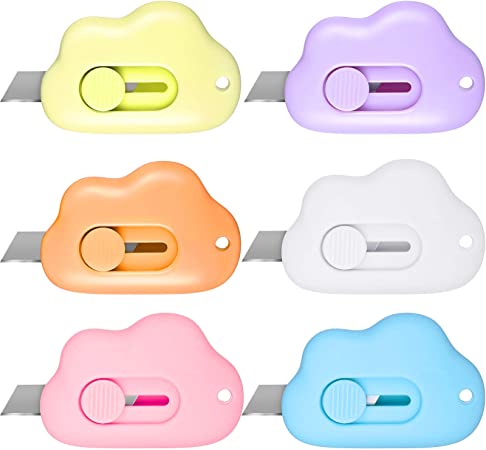 6 Pieces Mini Utility Knives Cloud Shaped Box Cutter Retractable Letter Opener Assorted Colors Cloud Envelope Slitter Carton Portable Paper Cutter with Key Chain Hole