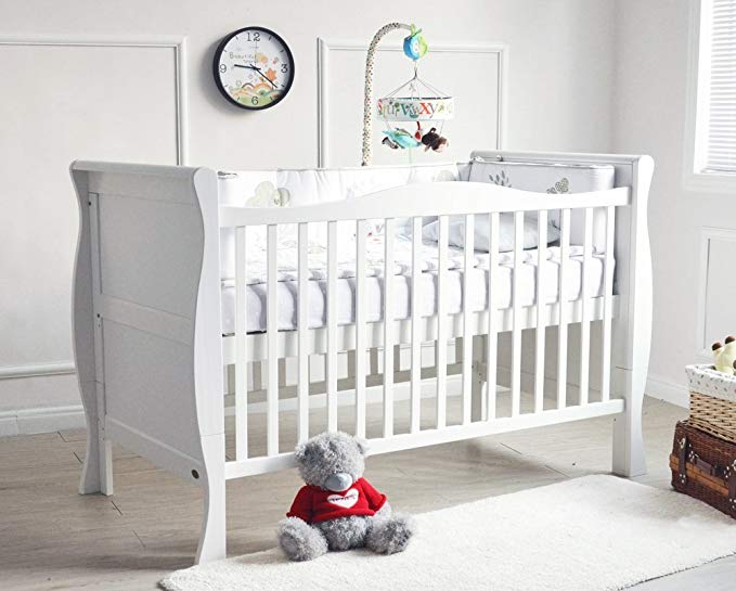 MCC® Solid Wooden Baby Cot Bed Savannah City Sleigh Cotbed Toddler Bed & Premier Water Repellent Mattress - Made in England