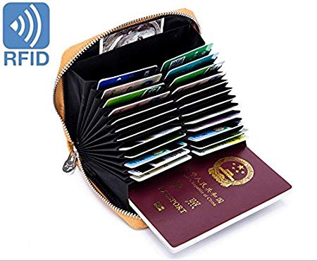 Boshiho RFID Blocking 24 Slot Credit Card Holder Wallet Real Leather Multi Card Organizer Wallet with Zipper(yellow)